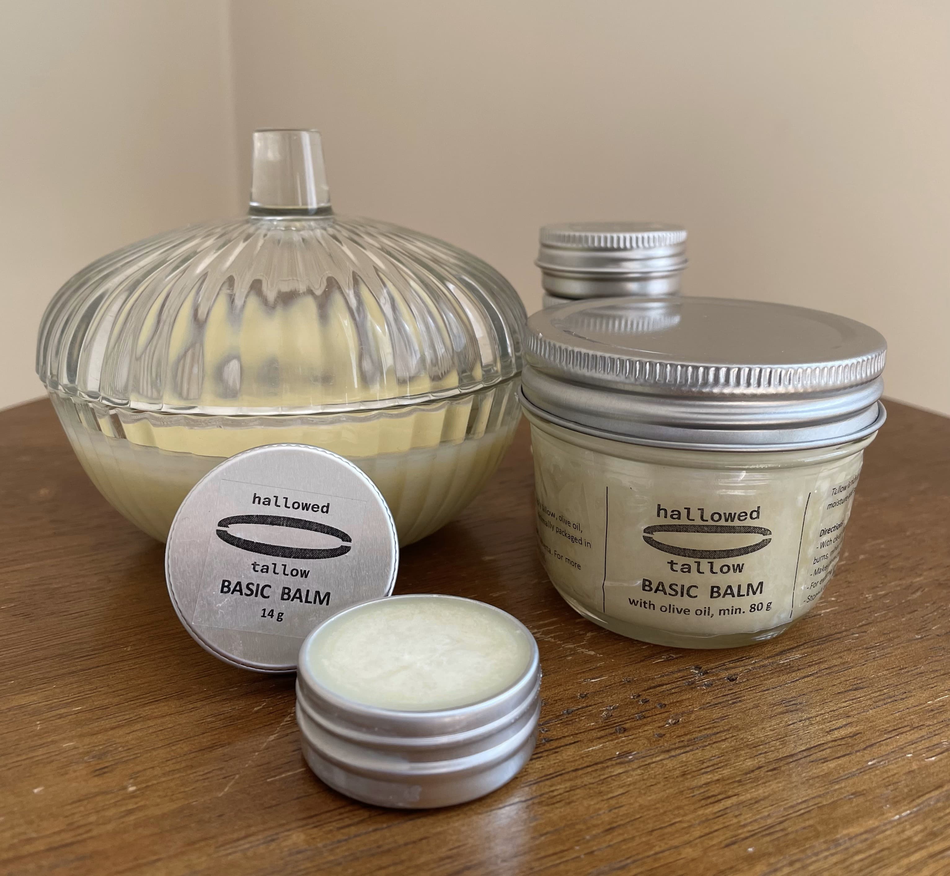 Jars and tins of Basic Balm with Olive Oil